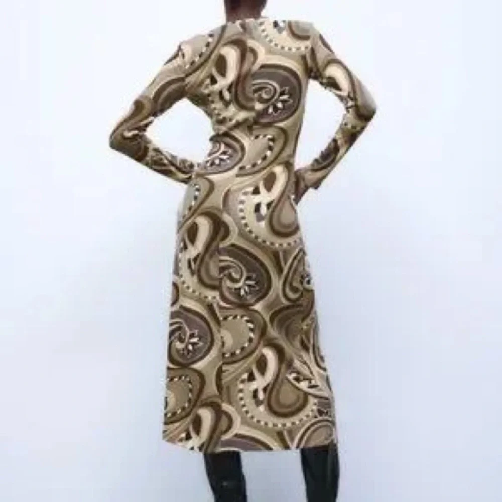 Zara Elegant Brown Patterned Long Sleeve Dress Medium - Picture 2 of 8